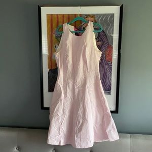 White and pink striped seersucker dress